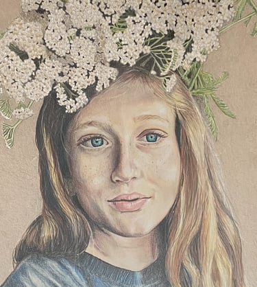 colored pencil drawing of girl with flower crown