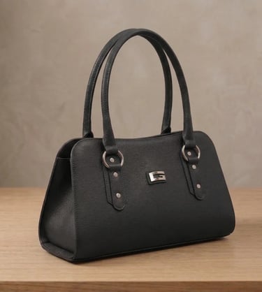 Cartera de cuero negro con herrajes dorados, bolso elegante artesanal