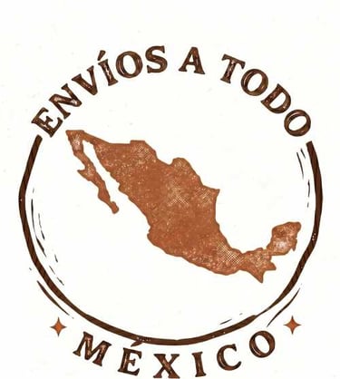 Un mapa de México de color marrón y con textura, que incluye el texto «Envíos a todo México»