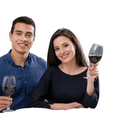 a man and woman holding wine glasses