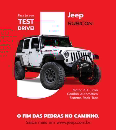 Jeep Rubicon branco em destaque sobre fundo vermelho, anúncio de test drive e slogan no rodapé.