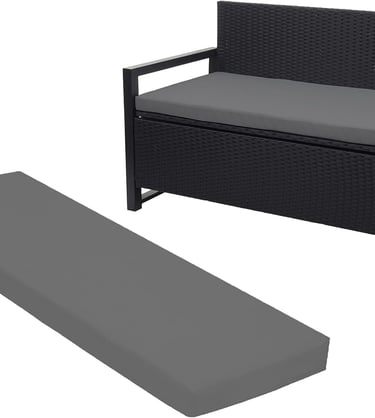 Black wicker garden storage bench with grey cushions for outdoor patio seating.