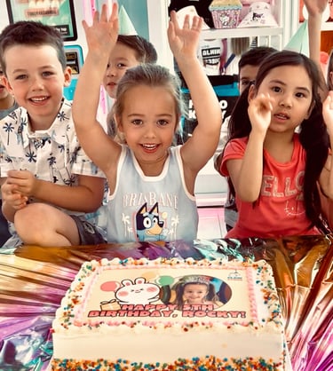 birthday girl and friends at party with birthday cake