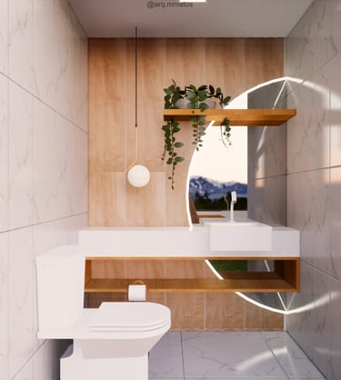 banheiro com espelho meia lua e bancada de quartzo