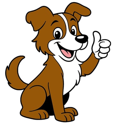 Scout the mascot, a brown and white dog giving a thumbs up and a smile