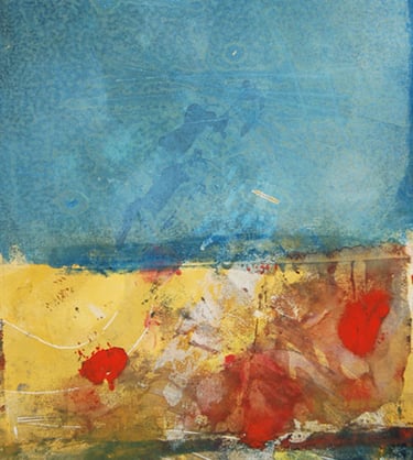 abstract monoprint of blue yellow and red