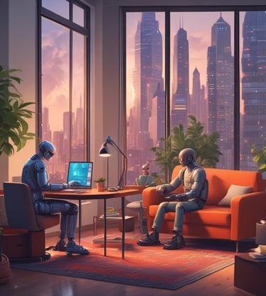 A modern interior with several people interacting with technology, including a digital currency ATM. One person is using a laptop at a table, another is standing at an ATM, and others are using their phones.