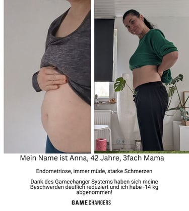 Vorher-Nachher-Bild einer 42, Frau mit Endometriose sichtbar weniger Bauchumfang mehr Lebensfreude