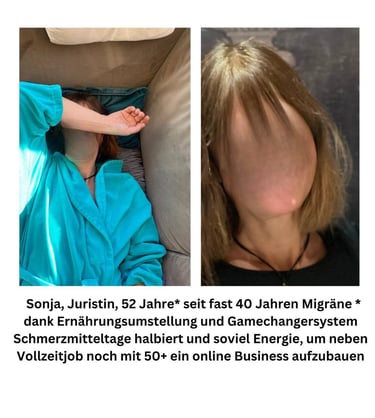 Vorher-Nachher-Bild einer 52-jährigen Frau mit Migräne, sichtbar erholt nach Ernährungsumstellung.