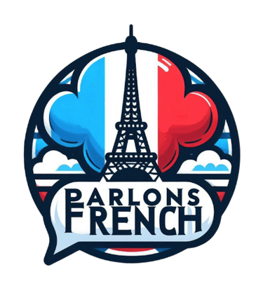 a business logo French classes the Eiffel Tower on a French flag background parlons French