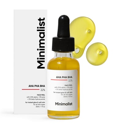Minimalist AHA PHA BHA 32% Face Peel bottle and box for glowing skin exfoliation.