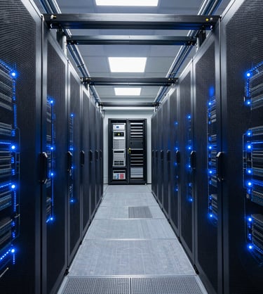 Symmetrical wide perspective of a modern secured facility server room, clean conduit runs, neat blue LED lighting, technical blueprint style.