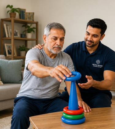 A senior man performs neuro rehab exercises with a physical therapist using colorful rings.