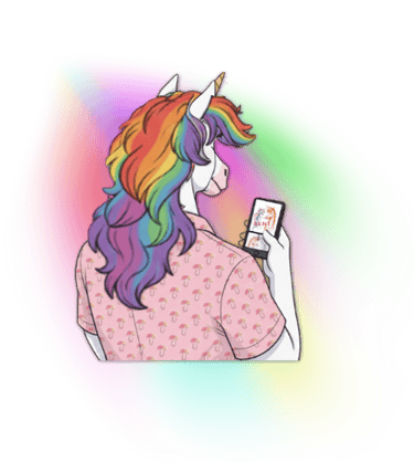 LGBTQIA+ unicorn looking at his phone