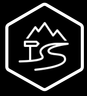 White outline icon of a winding mountain road and trail sign inside a hexagon border.