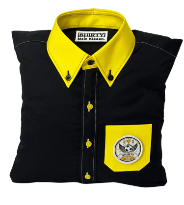 a black shirted pillow with a yellow collar and pocket