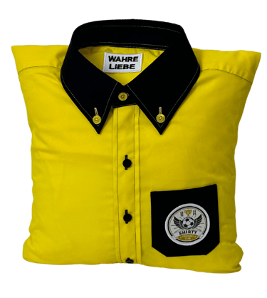 a yellow shirted pillow with a black collar and pocket