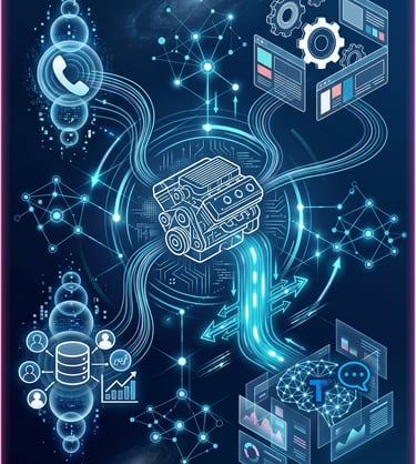 A connected ecosystem graphic showing workshop software at the centre, linked to VoIP systems, white