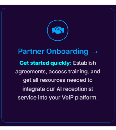 VoIP AI receptionist partner onboarding dashboard showing integration setup and account access for b