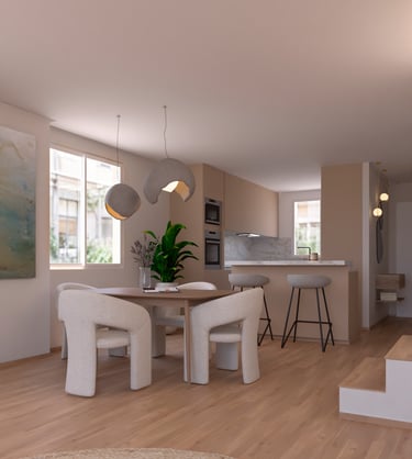 Modern open concept kitchen and dining area with round table, boucle chairs, and pendant lighting.