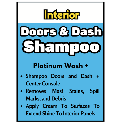 Shampoos doors, dash, console, removes stains, applies cream for shine