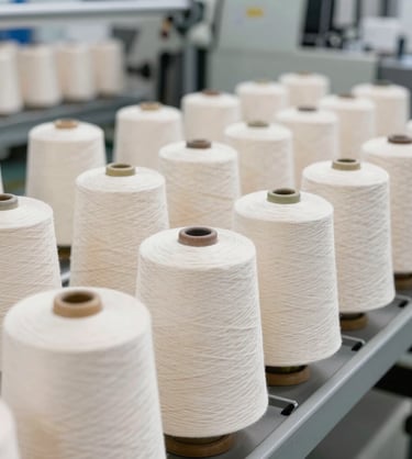 Close-up of premium golden fancy yarn spools arranged neatly on a sleek black background.