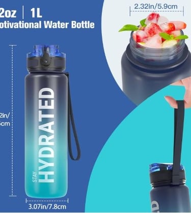 Clear water bottle with time markers and flip-lock lid.