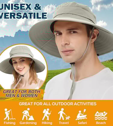 Adjustable sun hat with wide brim and mesh panels.