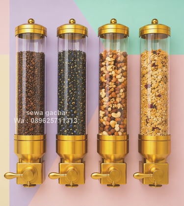 jasa sewa wall mounted display snack / biji kopi dispenser gold