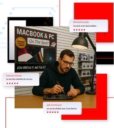 Technicien réparant un MacBook dans l’atelier Casa Electro à Casablanca, entouré d’avis clients posi