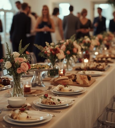 Buffet élégant pour mariage avec plats simples, présentation soignée et invités en arrière-plan flou