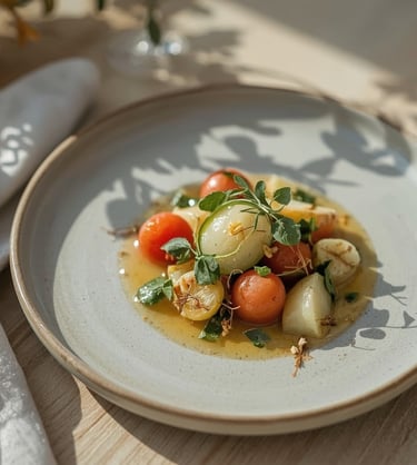 Assiette élégante composée de légumes de saison et herbes fraîches, présentée sur table en bois