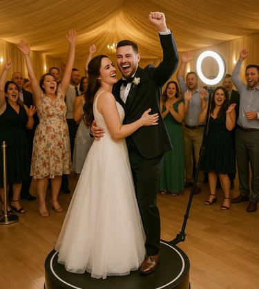 Bride and groom laughing in 360 wedding photo booth rental Bakersfield