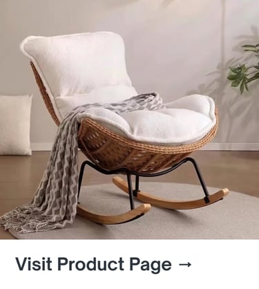Cozy rattan rocking chair with soft white cushions in a modern neutral living room