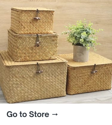 Set of natural woven rattan storage baskets used for home organization