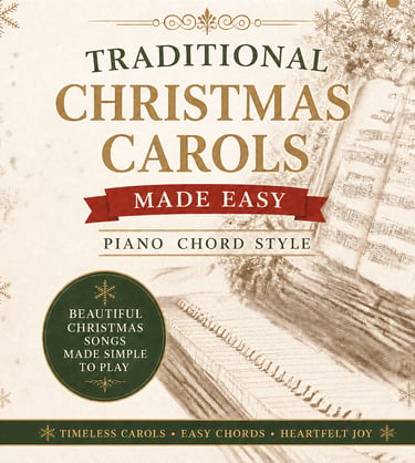 Traditional Christmas Carols Made Easy Piano Chord Style music book cover with snowflake details.