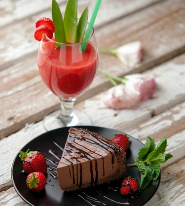 a chocolate cake with strawberries dessert in the restaurant table.Hospitality Startup Guidance