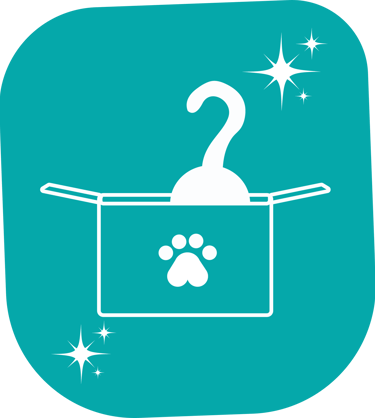 Teal icon of an open pet supply box with a paw print and hanger inside a sparkling frame.