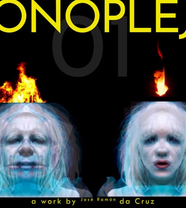 a woman with blonde hair and a fire in front of a black background