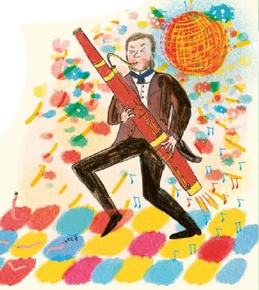 Charles Darwin playing the bassoon to worms. Colourful disco scene.