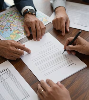 Close overhead shot of a boardroom table with a contract spread open, two pairs of hands from different cultures reaching toward the signature page, a scattered map and printed customs tariff sheet visible at the edges, natural window light from the left casting soft shadows across the documents