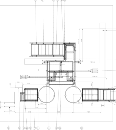 Technical blueprint of an industrial conveyor system layout with dimensions and numbered components.