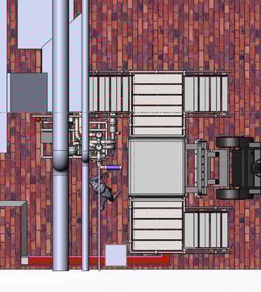 Top-down 3D CAD model showing industrial machinery, pipes, and a forklift on a brick floor layout.