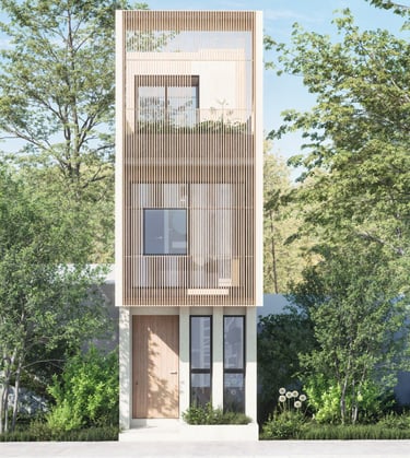 a modern house with a tall wooden building