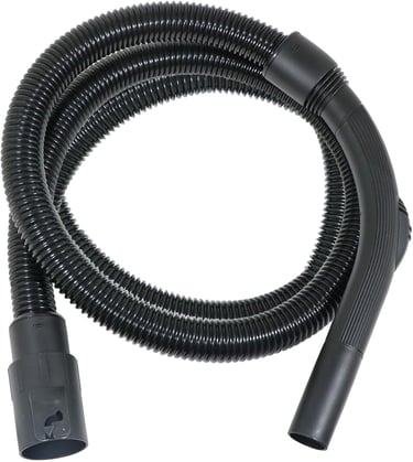 Coiled black flexible vacuum cleaner hose replacement with connector ends on a white background.