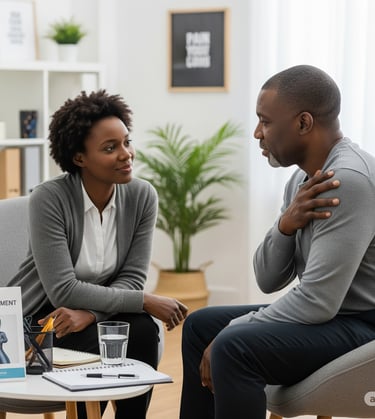 a man and woman sitting in a chair
