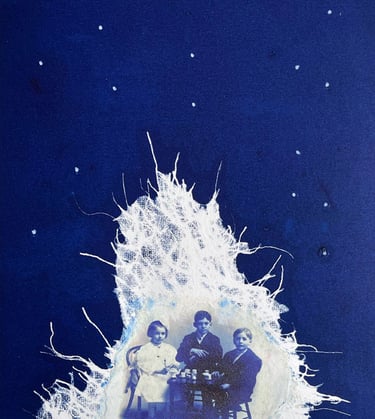 monoprint of three children with dark blue sky