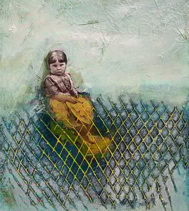 collage with child behind barrier