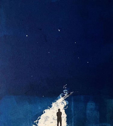 monoprint of lone figure with dark blue sky
