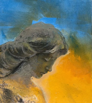 monoprint of mourning angel against color backround